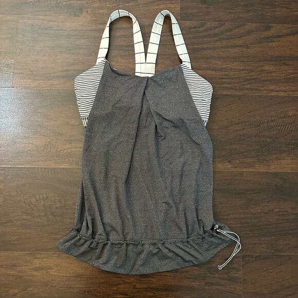 Lululemon gray tank top w/ built in striped sports bra - Picture 2 of 8